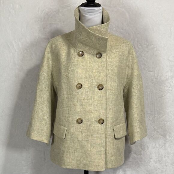 Talbots Double Breasted Blazer Jacket Size 8 100% Wool Yellow Green Boxy Crop - Picture 2 of 14